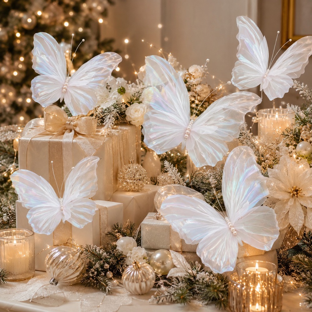 TEMU 5pcs Large Hanging Christmas Butterflies, Pearlescent White Gauze Pearl Christmas Decorations, Christmas Tree Fireplace Wreath , Wedding Banquet