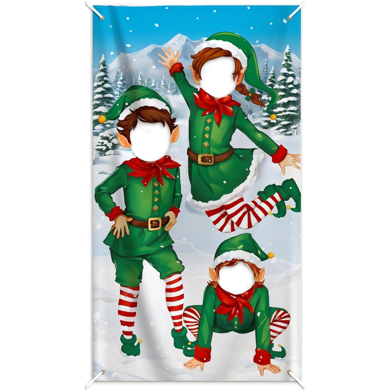 TEMU 2d Flat, Elf-themed Photo Backdrop Banner With Santa Hats & Red Striped Stockings - Spanish Suitable For Christmas Party Decoration, New Year'