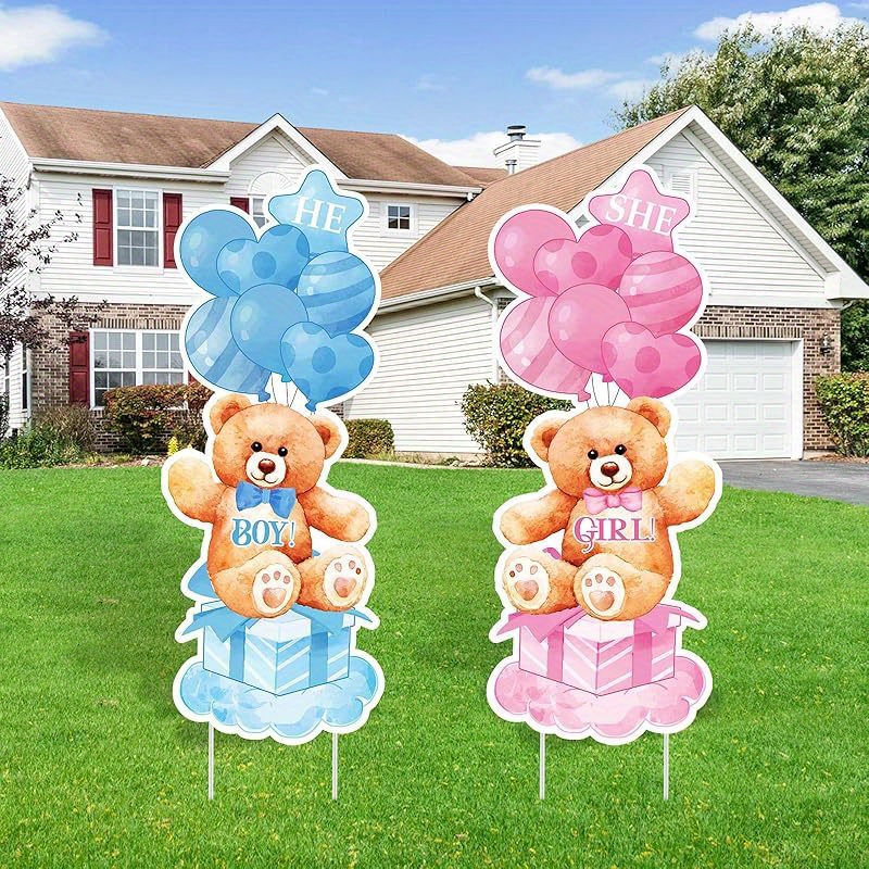 Image of 【2d Flat】 [2d Flat] 2 Sets Shower Plastic Yard Sign With Stakes Gender Reveal Outdoor Decorations Boy Or Girl Yard Sign He And She Bear Lawn Sign Newborn Welcome Sign Gender Reveal Party Supplies