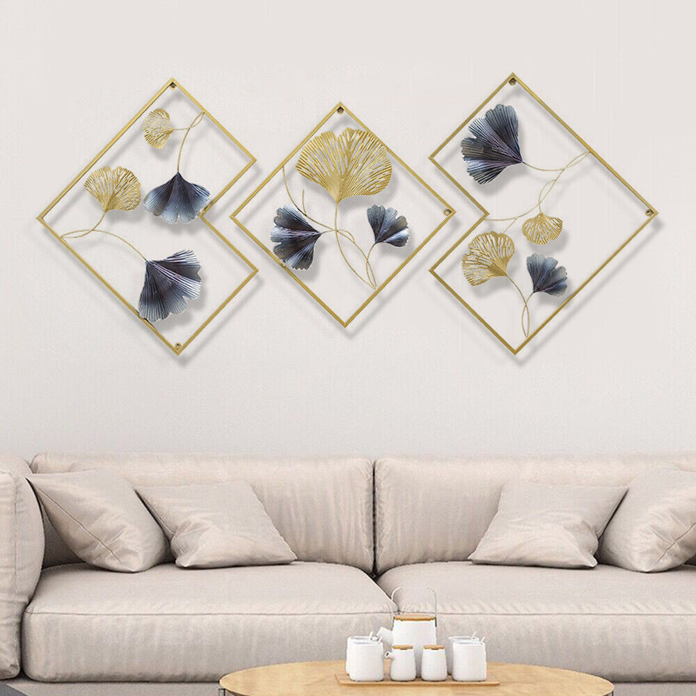 TEMU 3 Stück 164 x 70,5 cm Metall Wandkunst Hängende Skulptur Deko 3D Ginkgo Gold & Blau