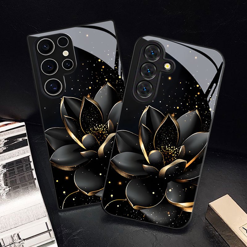 TEMU Coque de téléphone - Coque de téléphone à imprimé lotus avec bordure dorée noire pour Samsung Galaxy