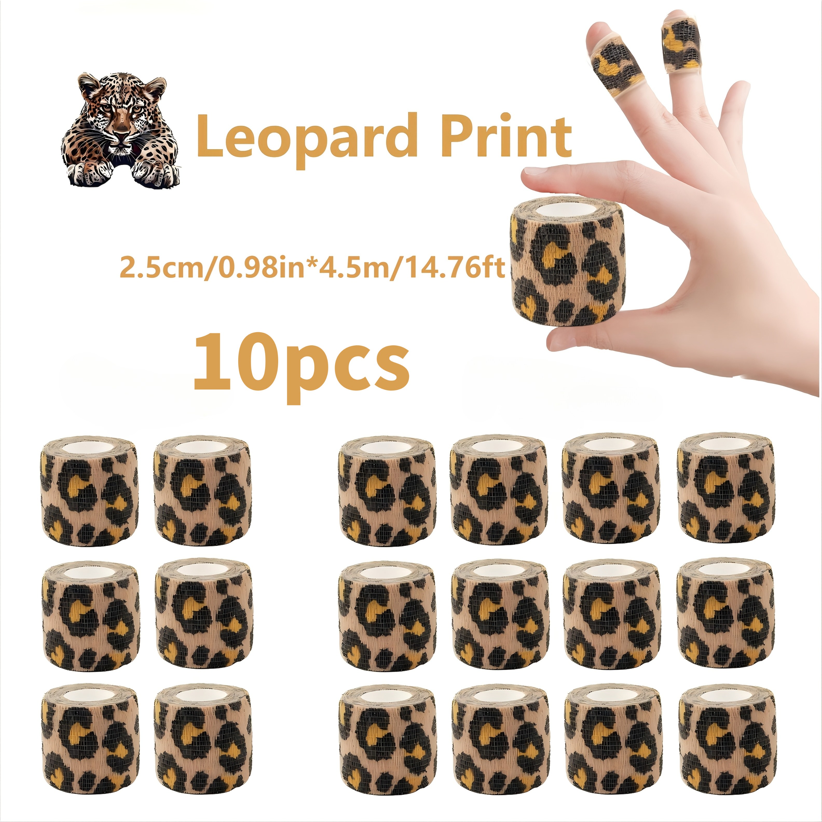 Image of 10 Rolls, Leopard Print Self- Bandage, 2.5cm/ 0.984 Inches Wide, Extended To 4.5 Meters Long, Suitable For Pet Wraps, Basketball Handles, Bicycle Handles, Writing, Etc., Used, Flexible And Breathable