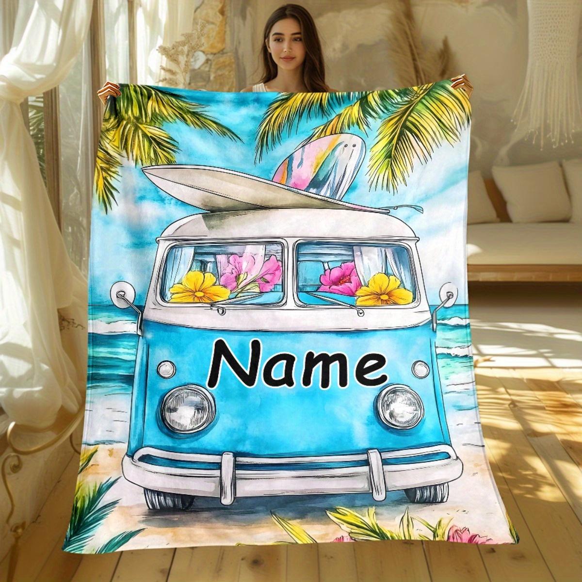 TEMU 1pc Summer Beach Camping Van Custom Name Print Portable Blanket- Lightweight Throw For Sofa, Travel, Camping, Bed, Livingroom, Office, And Bed -