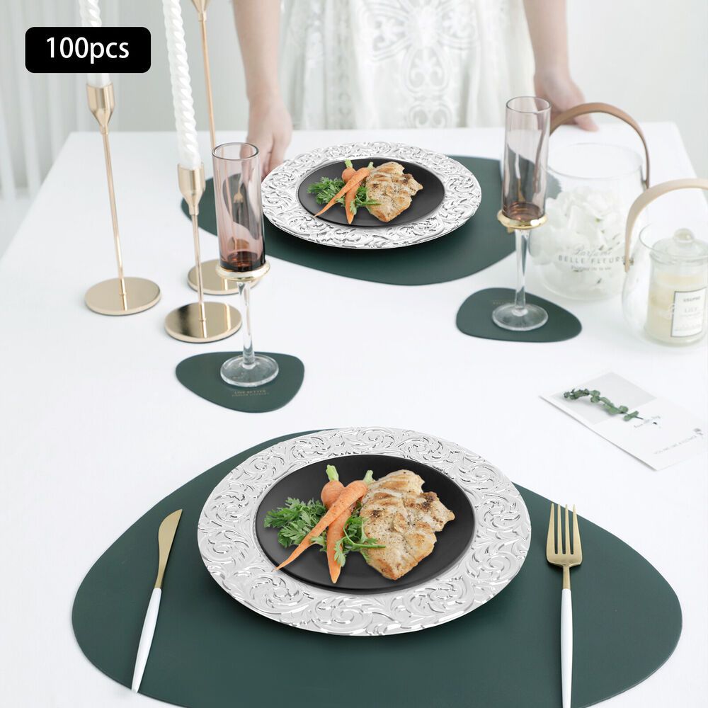 Elegant 100pcs Charger Plate Set - Pp With Golden Embossed Rim, Ideal For Banquets, Weddings, And Celebrations (includes And Sunken Bottom Design)