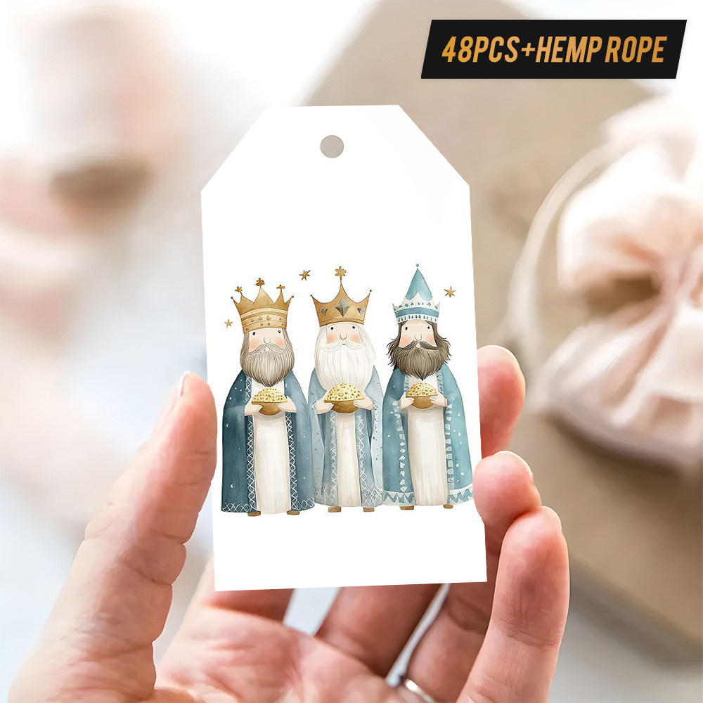 TEMU 48 Etiquetas de Regalo con Cuerda de Cáñamo. Tres en Túnicas Azules y Blancas Sosteniendo Vasijas Doradas, Diseño Limpio y Simétrico, Perfectas