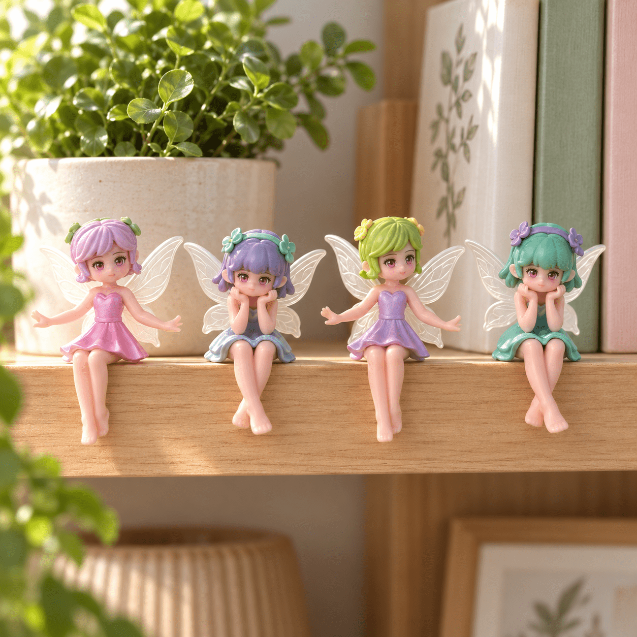 TEMU 4-pack Mini Fairy Figurines With Cute Transparent Wings, Resin Gnomes For Potted Plants, Bonsai, Bookshelves, And Desktop Edges, Home Micro
