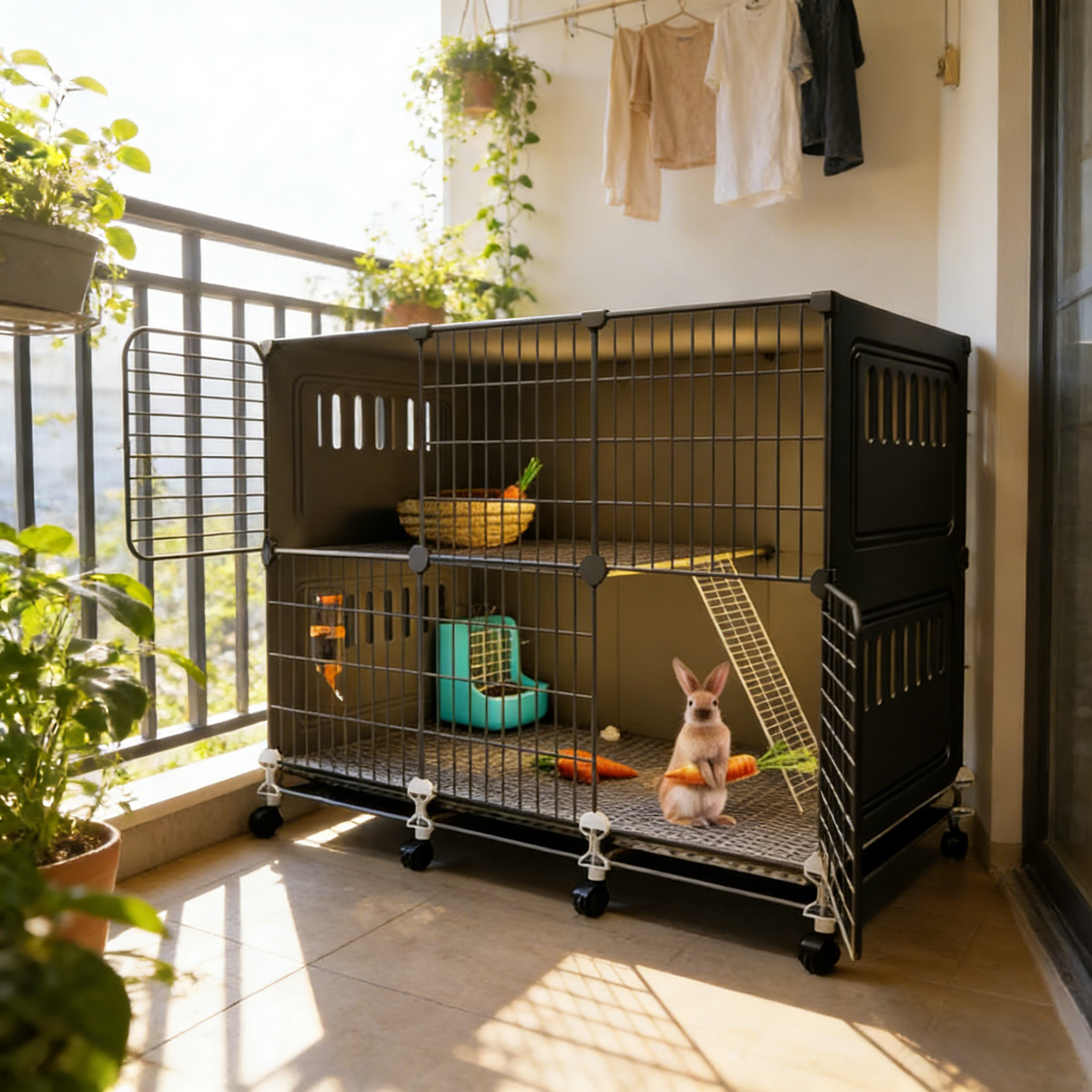 A Space-saving Luxury Rabbit Cage: 47cm Narrow Sides+ 111cm Long, Perfect for a Corner of the Living Room. A New Choice for Pet Rabbit Cages: Comfortable and Easy to Care for.