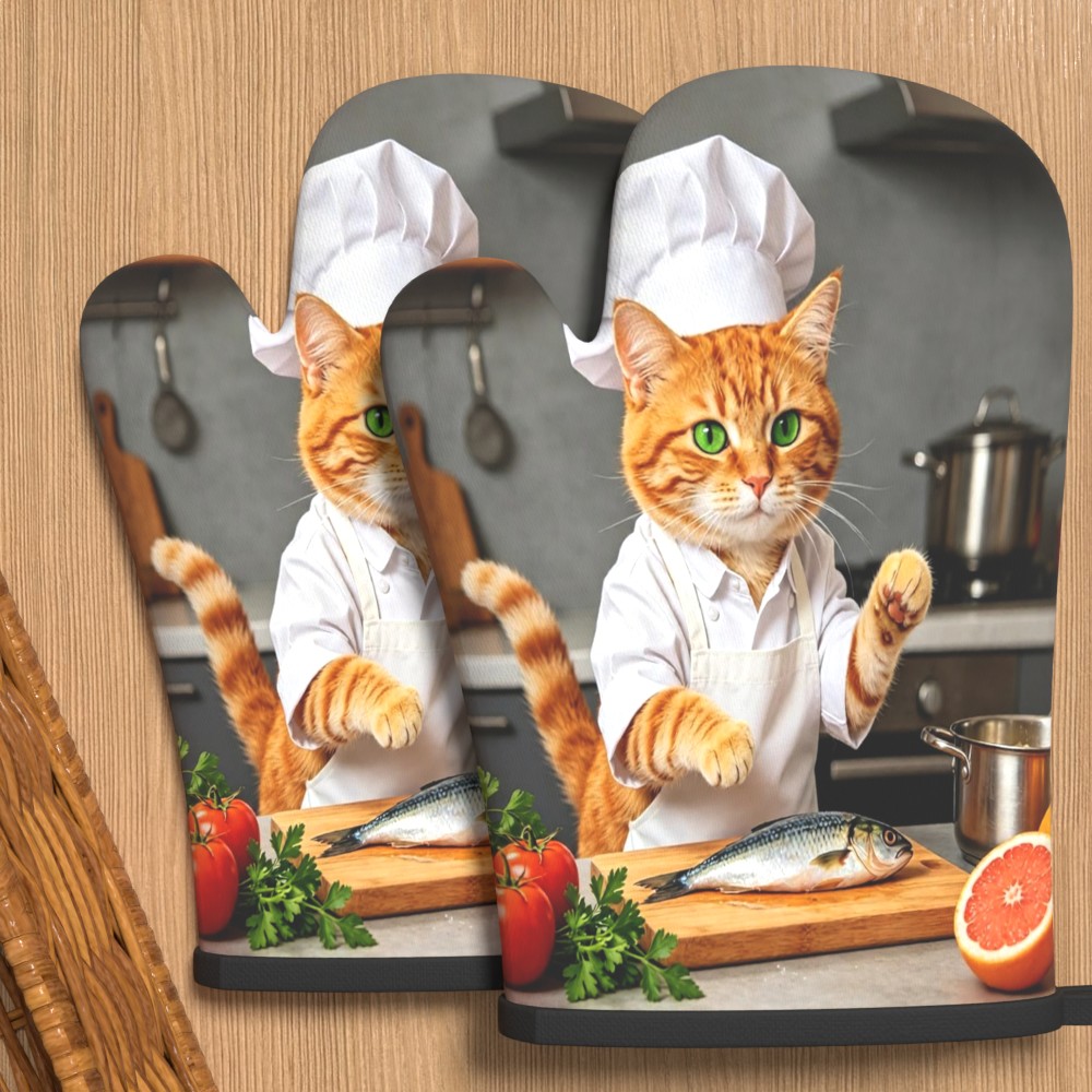 2pcs Cat Print Oven Mitts With Kitten - Non-slip Heat Insulation Suitable For Cooking, Baking, Grilling, Machine Washable Mittens For &, Kitchen Gifts For, Men, Holiday Present (cute Cat Themed)