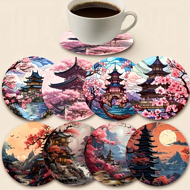 TEMU Lot de 8 sous-verres plats 2D en bois sur le thème de paysage de , sous-verres isolants thermiques, sets de table résistants à la chaleur,