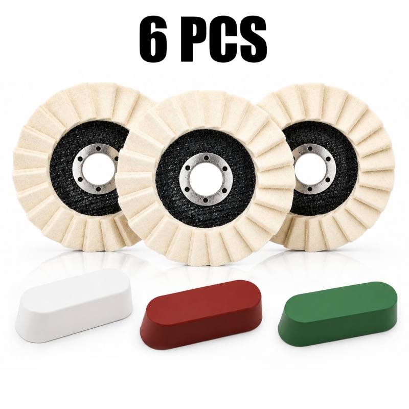 TEMU 6pcs Angle Grinder Wool Felt Polishing Wheel+ Polishing Compound Set, Suitable For Metal, Wood, And Stone, Provides Long-lasting And Efficient