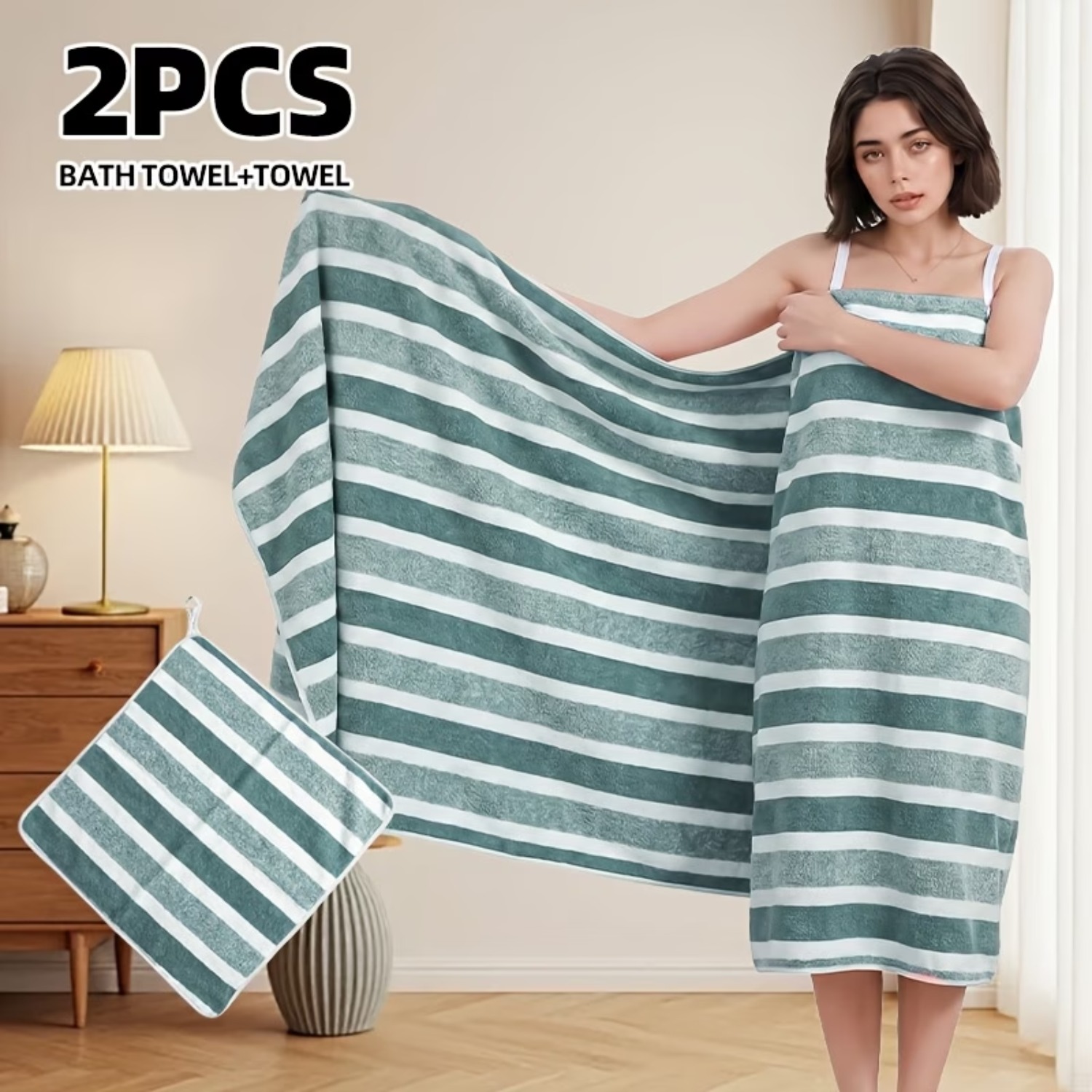 TEMU 2pcs Colorful Wide Striped, Including 1pc 70 X 140 Cm And 1pc 30 X 30 Cm Washcloth, Super Soft And Absorbent Hair Towel, Super Soft Absorbent,