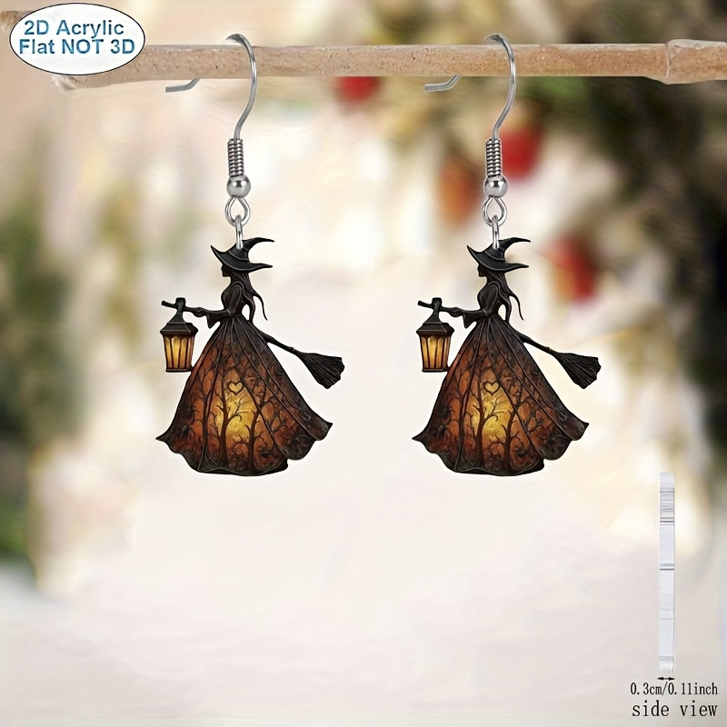 TEMU 2d Flat, 1 Pair Gothic Witch Earrings, Vintage Halloween Jewelry With Witches&table Lamp, Dangle Earrings For Women, Daily&halloween Party
