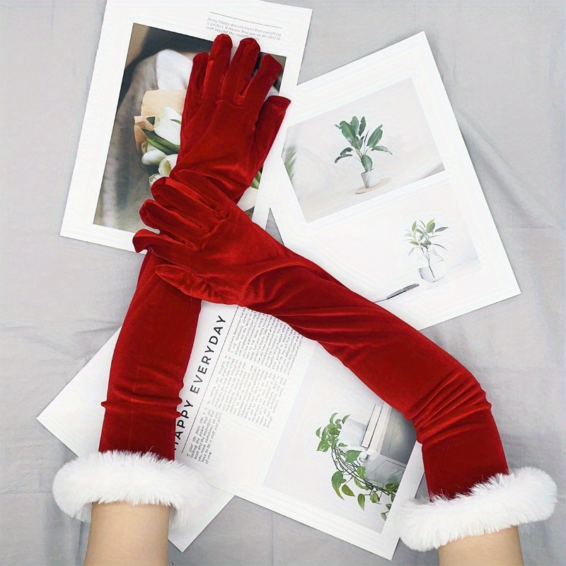 

1pc Long Gloves, Red Fluffy , Polyester , Christmas , Sewing Craft Supplies