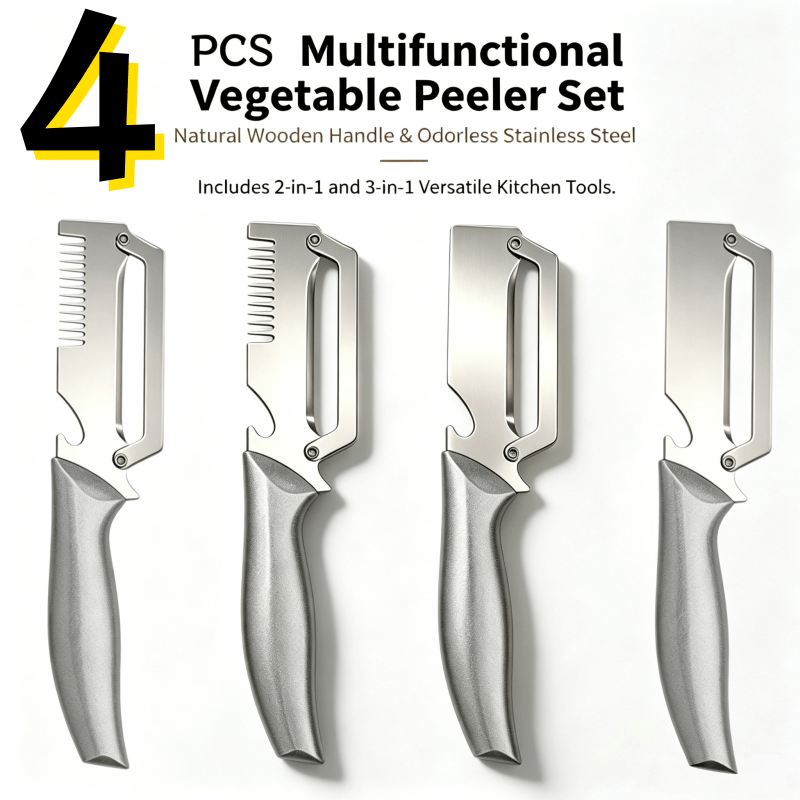 TEMU 4pcs Heavy-duty Stainless Steel Peeler Set, Sharp & Durable, Easy To Clean, 3-in-1 Utility Peeler For Outdoor Picnics & Camping, Kitchen Prep