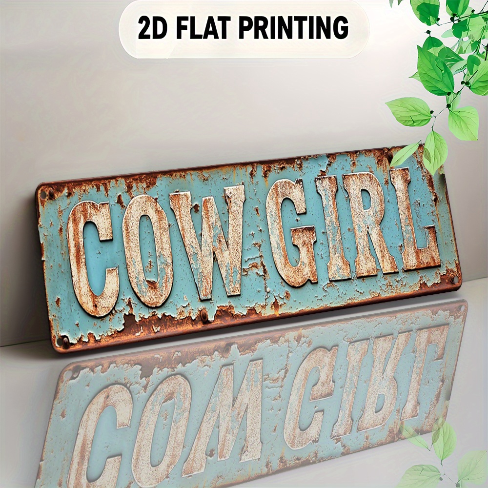 E-shop 2D Flach, Vintage Art Deco "COW GIRL" Aluminiumschild - Rustikales Türkis & Weißes Vintage-Metallwanddekor, 15,75x3,94 Zoll, Vorgebohrte Löcher