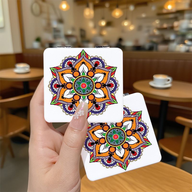Mandala Pattern Compact Mirror - Double-Sided Folding Pocket Mirror