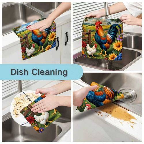6pcs 6pcs pack reusable microfiber dish towels suitable for thickened coral suitable for travel soft absorbent cleaning cloths with modern rooster hand washable square cloths decoration