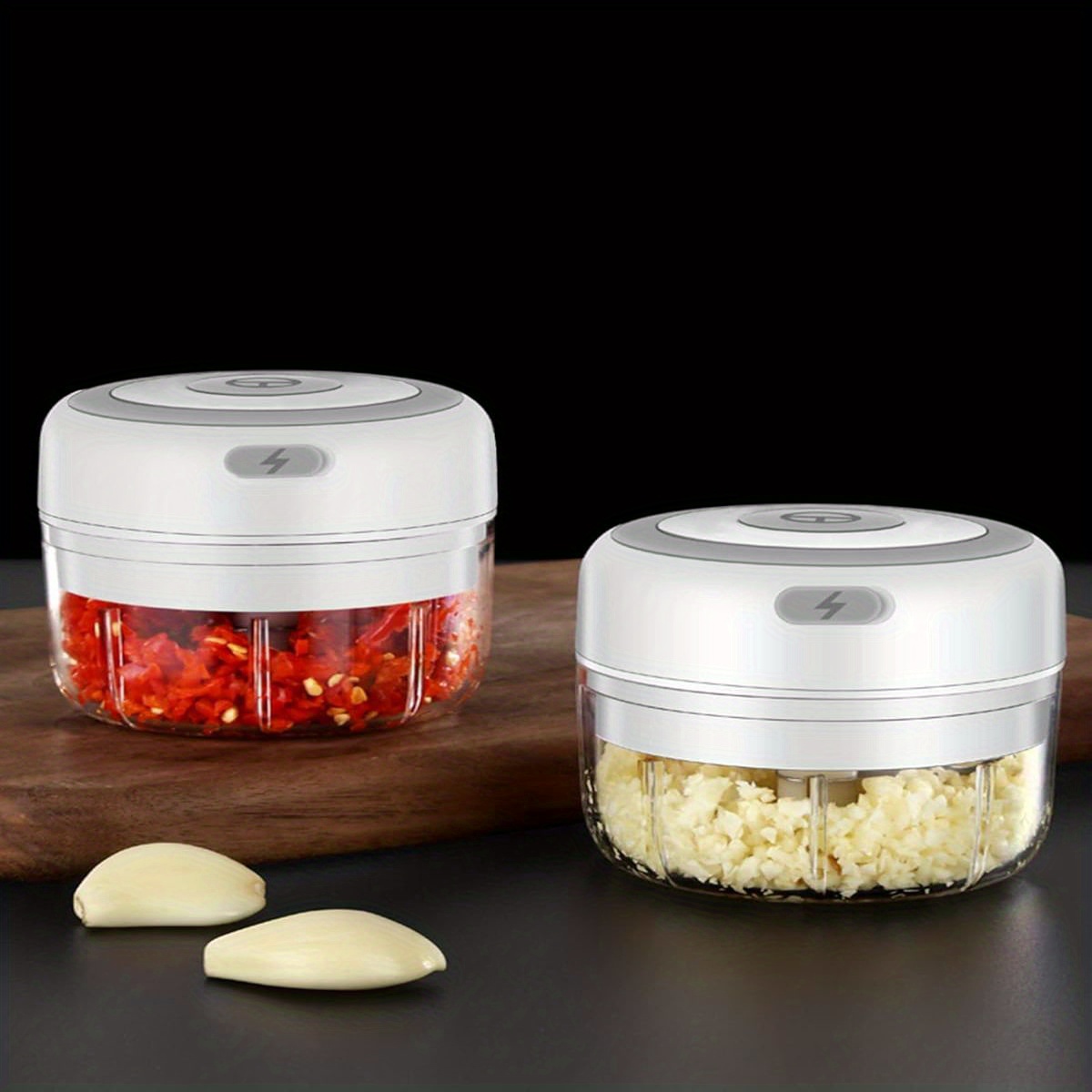   cordless garlic chopper & food processor - 8.45oz mini portable electric-like performance, heavy-duty pc construction,   with clear lid & safety lock, cordless operation for kitchen, camping, picnics - powerful motor for garlic, onion, ginger, meat, veggies, nuts, spices - easy-clean blades & dishwasher safe - ideal for home, office, travel - heavy-duty mini food processor with ergonomic handle &   operation, chopper for food and vegetable, mini food Product details 1
