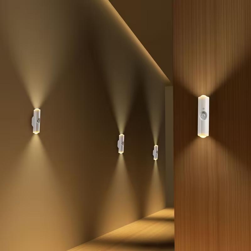 Paquete de 2 Lámparas de pared LED con sensor de movimiento inteligente | Tricolor regulable, recargable por USB, iluminación ascendente, ideal para entradas, dormitorios, salas de estar y más