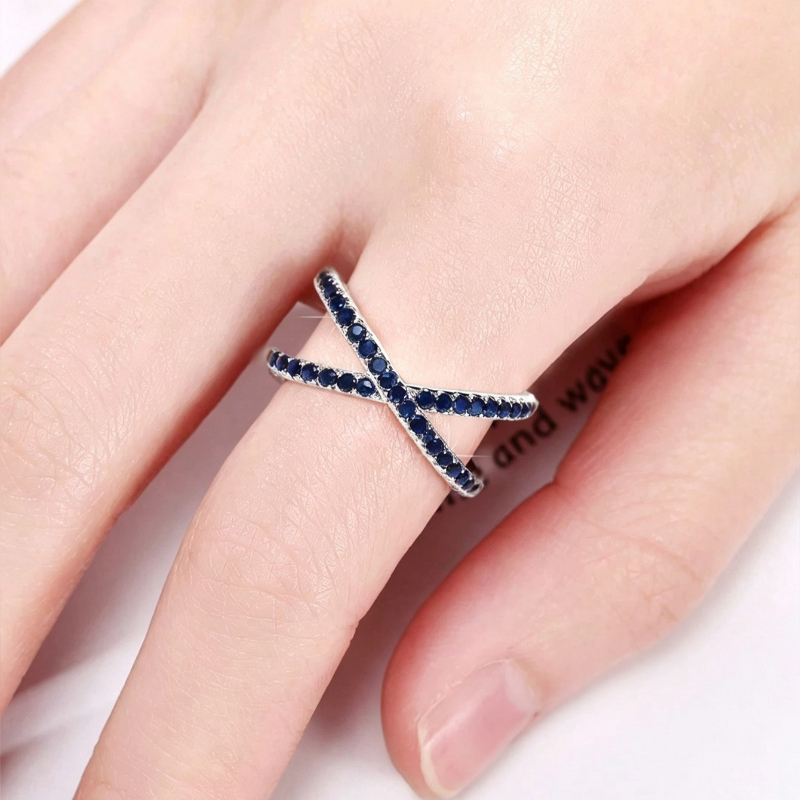 Luxury Full Paved Blue CZ X Ring for Women