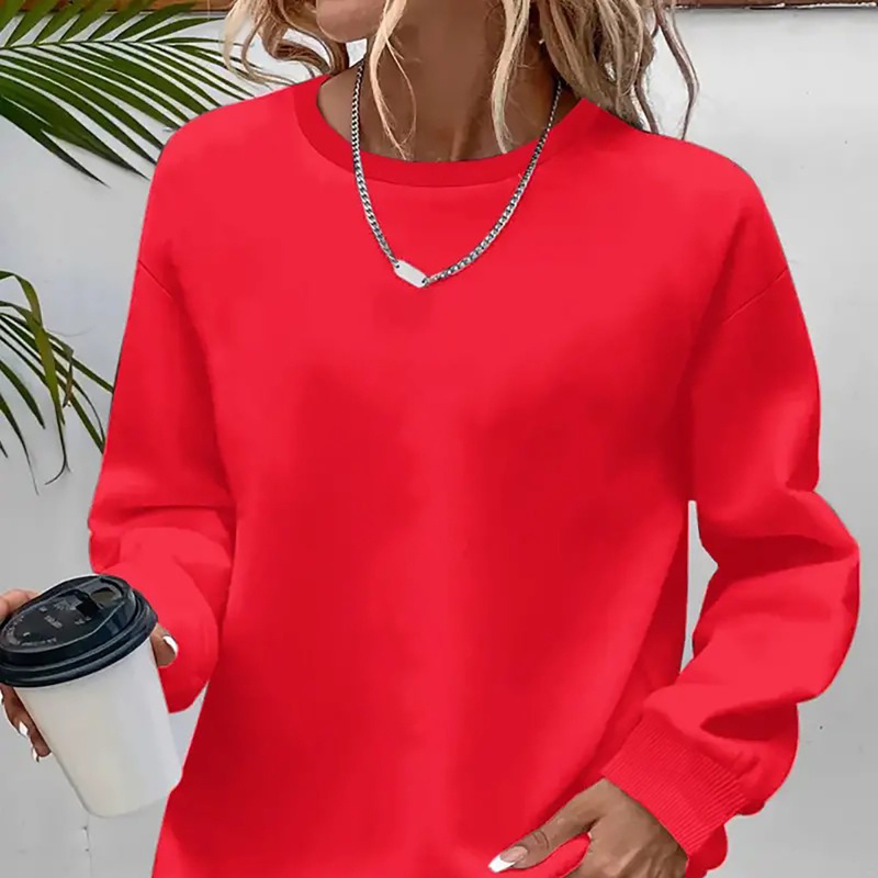 

1pc Sweat-shirt à manches longues pour femme grande taille, col rond décontracté, en polyester, couleur unie, extensible, haut tendance pour et l'hiver