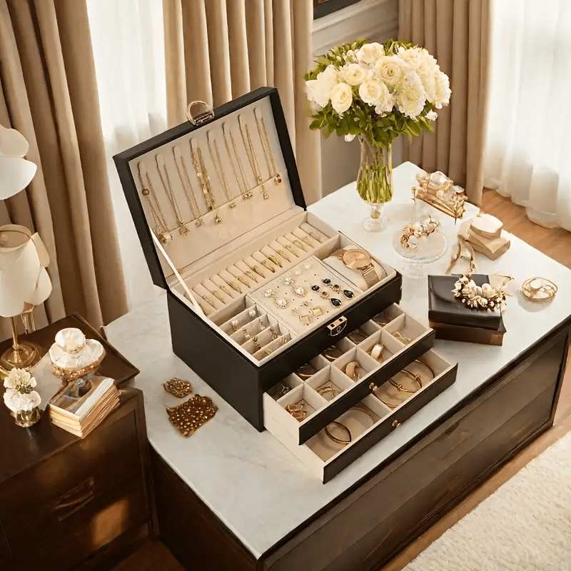 vintage style multi layer   leather jewelry box with drawers soft lined to organize necklaces earrings rings accessories large capacity suitable for french style bedroom and minimalist living room desktop storage function wedding gift   Product details 0