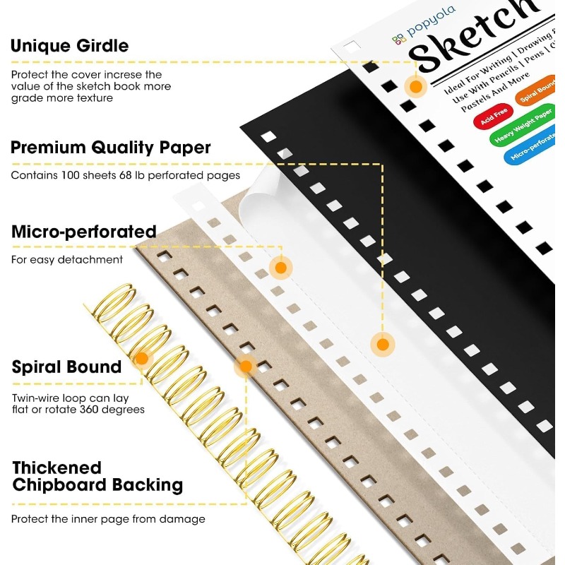 9 x 12 Spiral Sketch Book with Bookmark Ruler, 100 Sheets