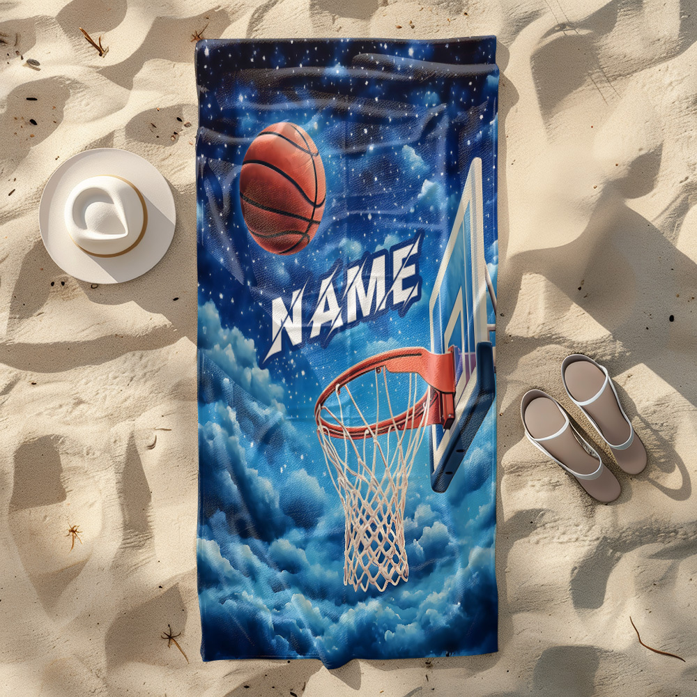 TEMU Custom Name Basketball Hoop On Beach Towel - Soft, Ultra-absorbent Microfiber, Lightweight, Beach, Parties, Travel, Beach Additions | Artistic