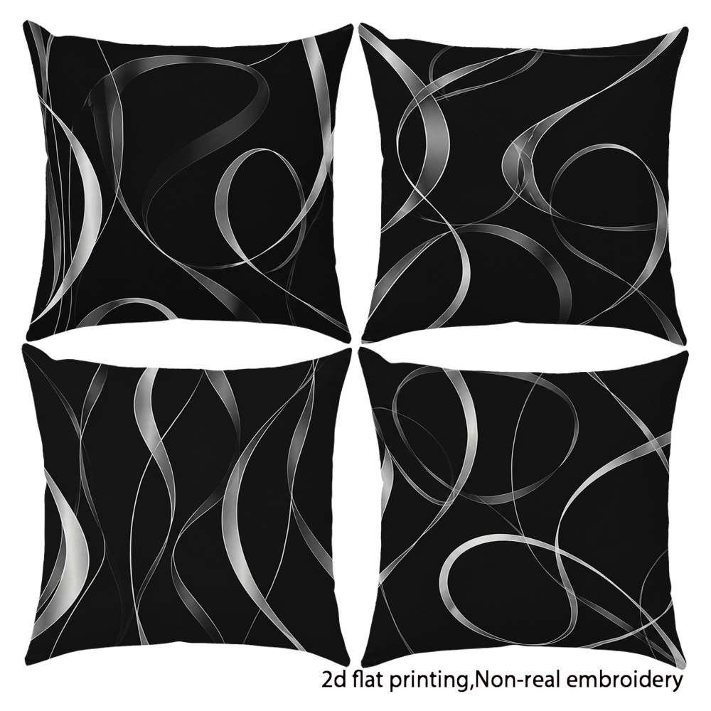 TEMU 2d Flat Printing, 4pcs Black Gray Modern Gradient Abstract Line Theme Decorative Pillowcases, Single-sided Printing, Peach Suede Soft Fabric,