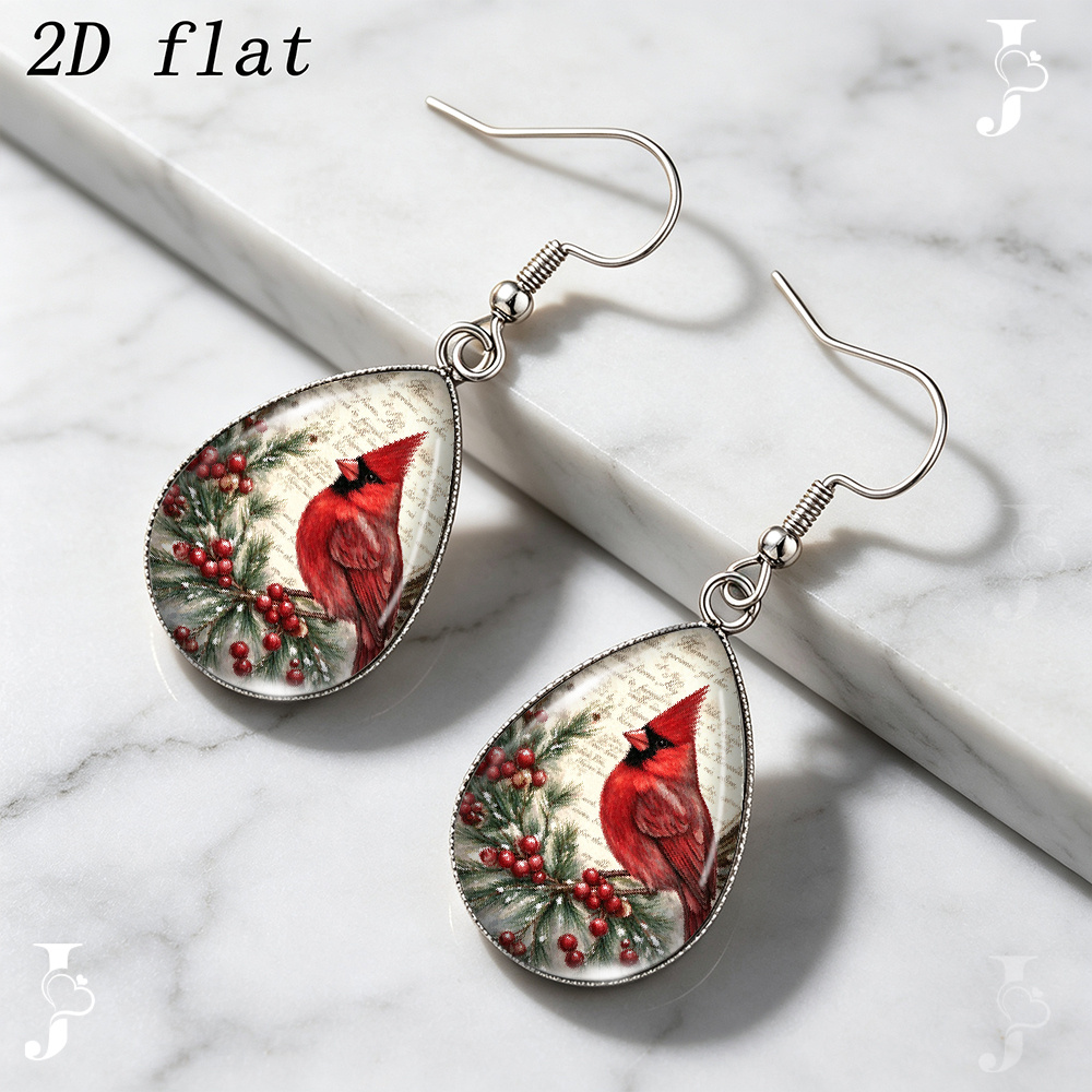 Vintage Cardinal Bird Teardrop Dangle Earrings