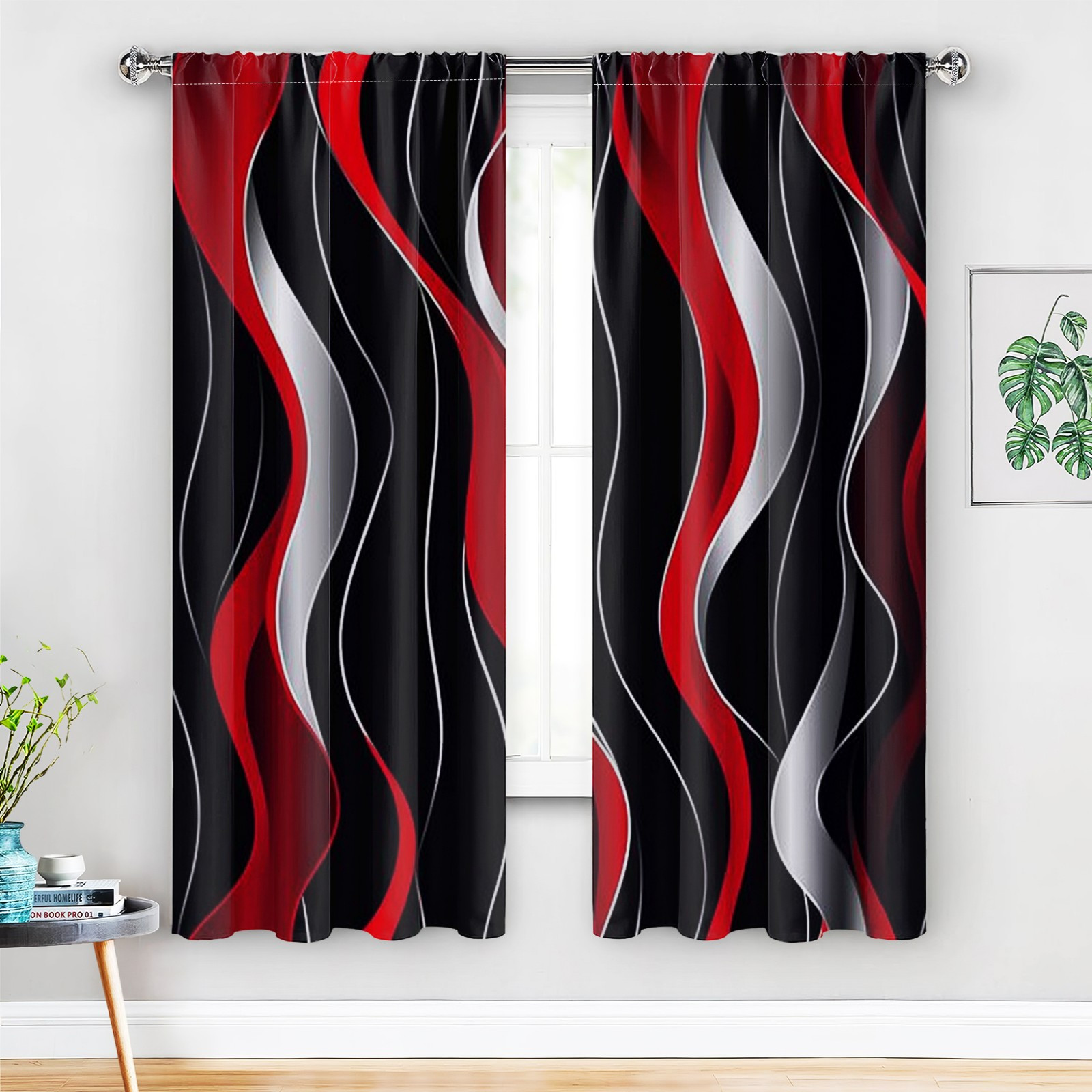 

2pcs Red, Grey, And Black Curtains - Retro Swirl & Geometric Pastel Gradient Design, 30%-50% Blackout Drapes For Living Room Office Home Decor