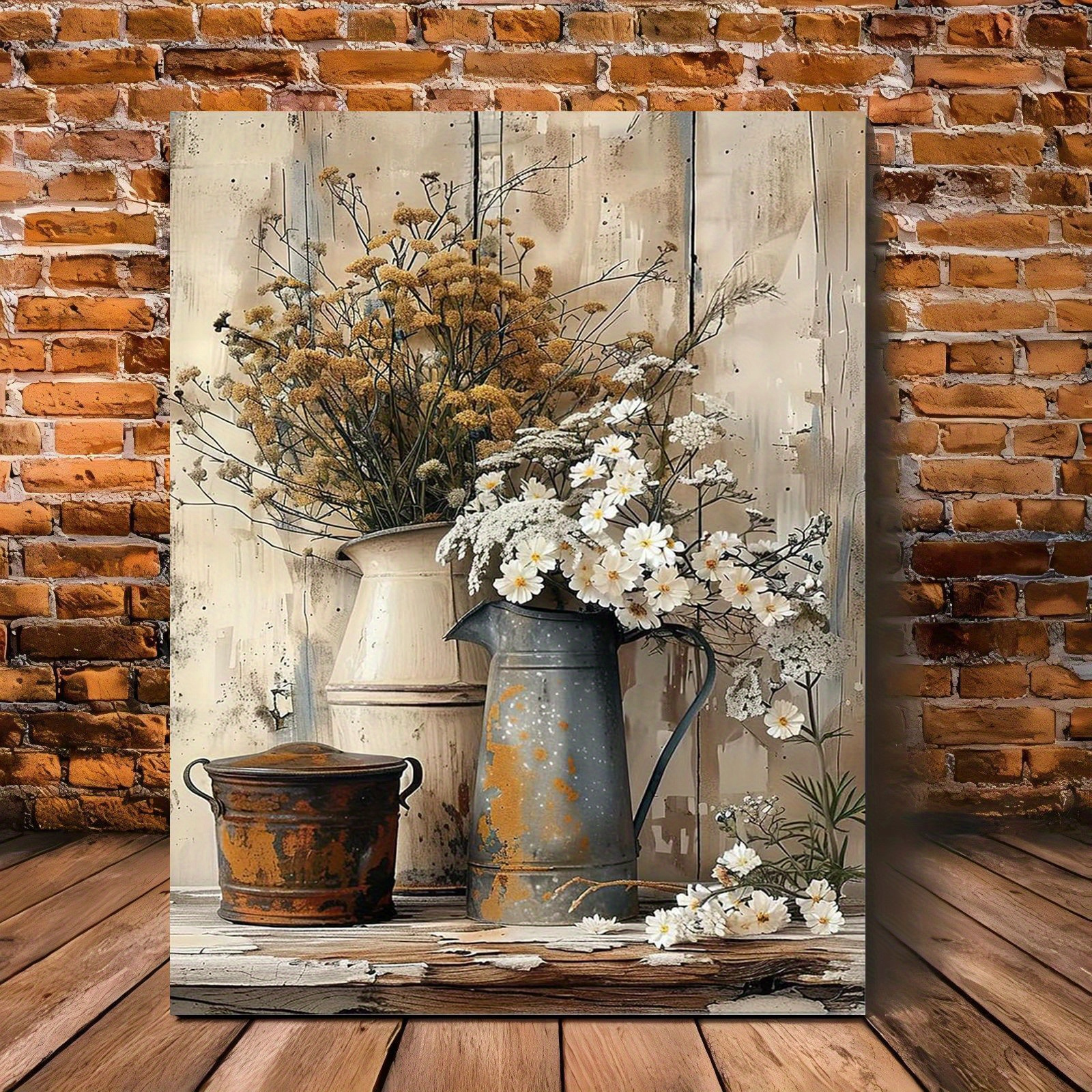 

Room Decor Country Style Wooden Frame Canvas Art-creamy Yellow Wood Grain With Flower And Rust Color Watering Can, Suitable For Living Room Or Bedroom Decoration, Perfect Room Decorations