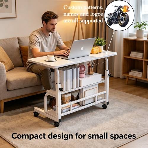 A Motorcycle-patterned, Flame-decorated, Customizable Logo/name/photo-printed Small-space-expanding Lift- Desk/office Desk, Featuring Storage Shelves + Locking Casters for the Bed or Sofa.