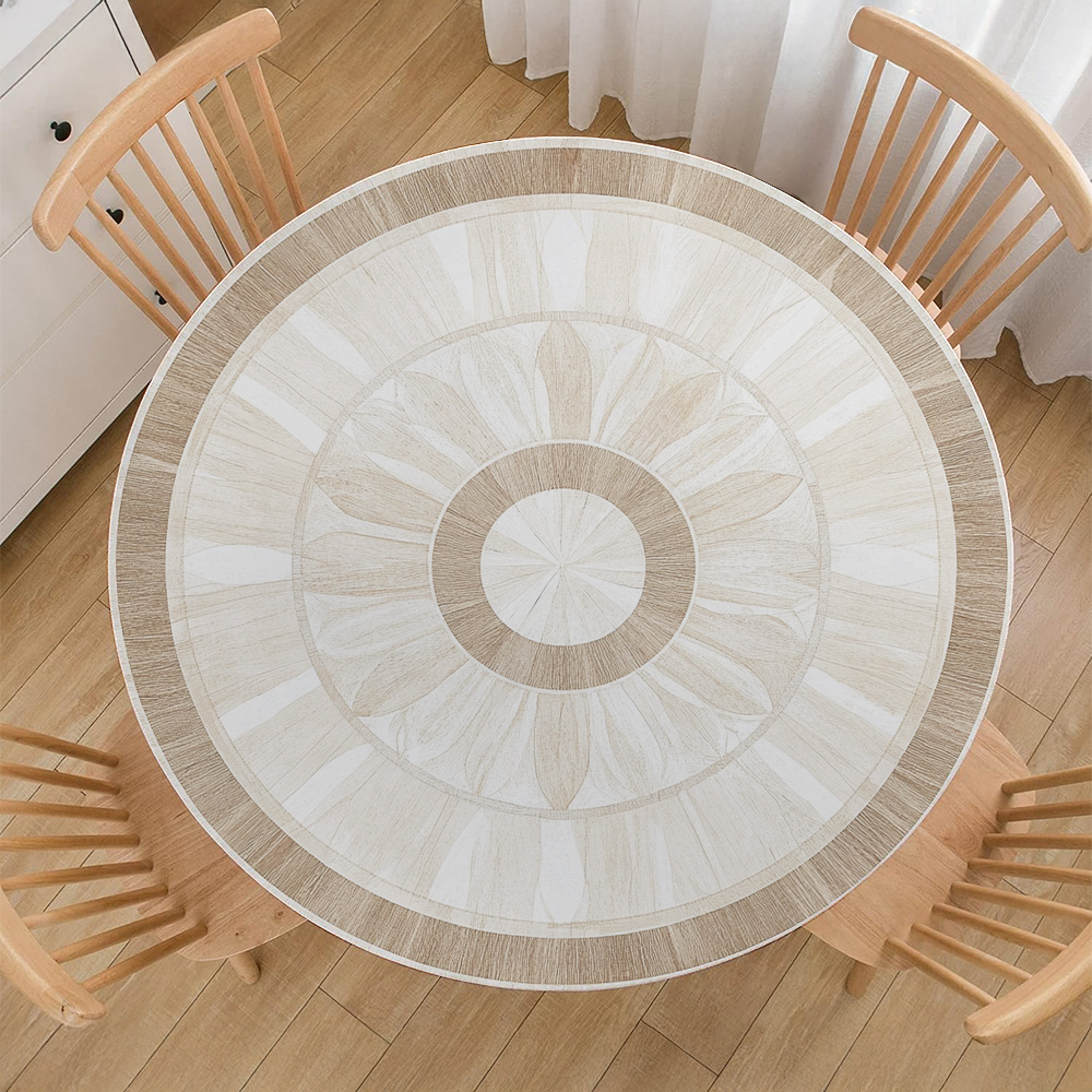 TEMU 2d Flat 1pc Creamy White And Beige Tile Pattern Durable Round Elastic Tablecloth Polyester Table Cover Suitable For Outdoor Picnics, Camping