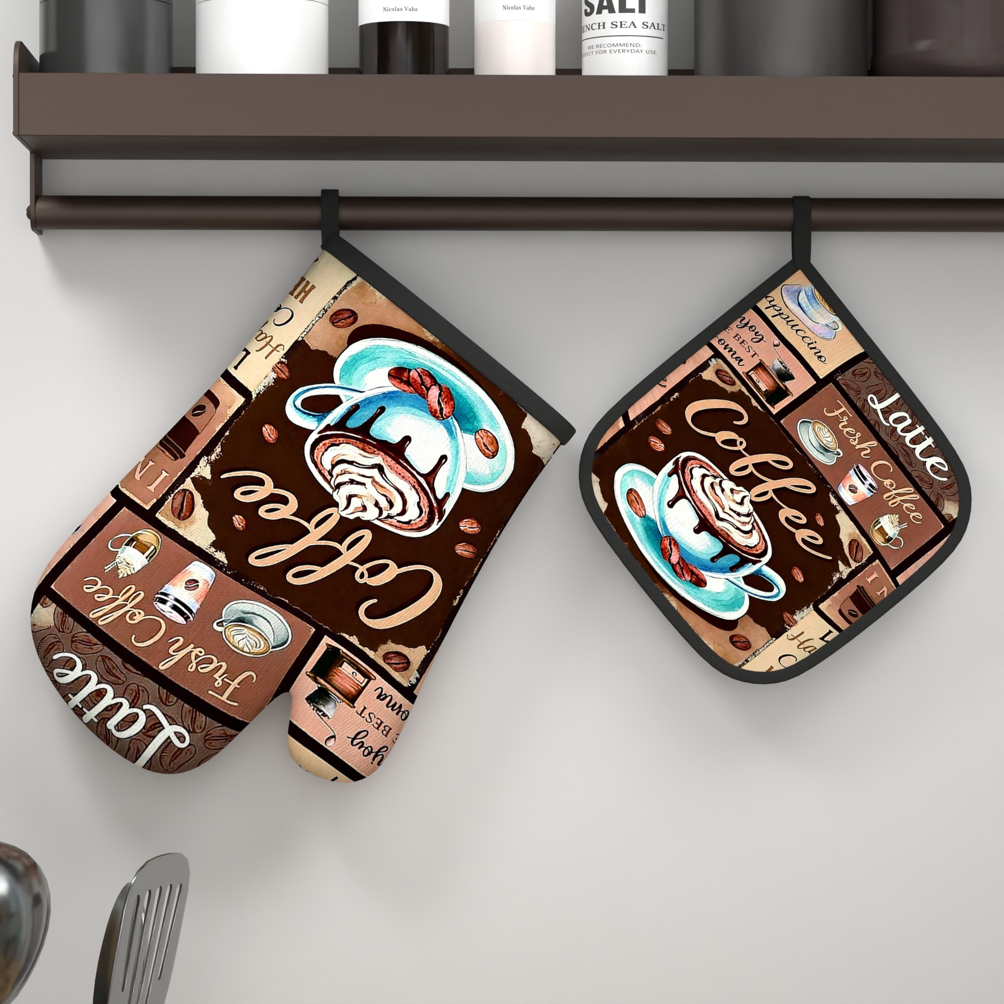 TEMU A Set Of -resistant Oven Mitts And A Coffee-patterned Trivet, Measuring 10..7 Inches, Perfect For Kitchen Decor, Baking, Grilling, Cooking,