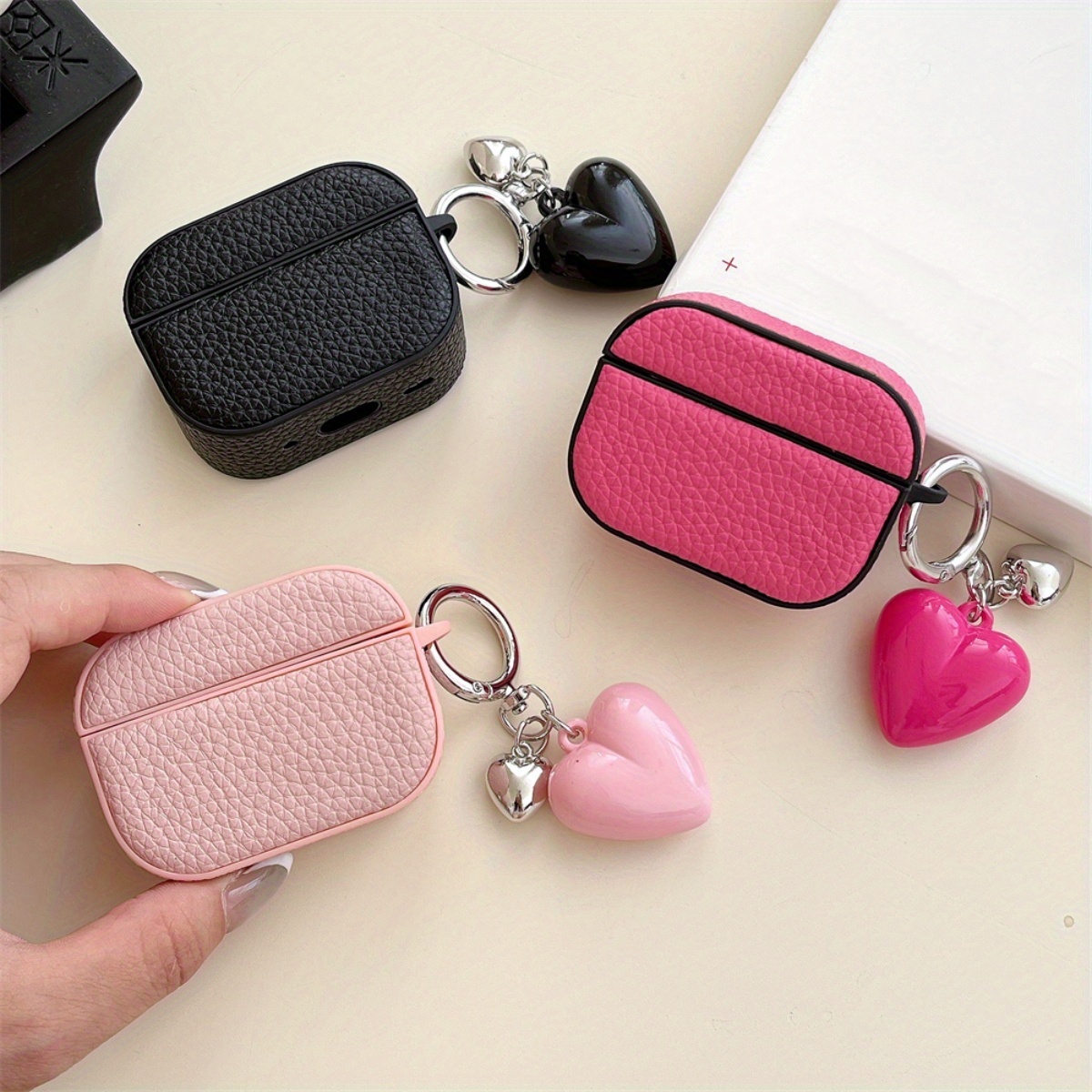Cute Mini Earphone Case with Heart Charm, Black, Pink, Rose Red Anti-Drop Earphone Cover, Compatible with AirPods 3/4/Pro 2 Earphone Pouch