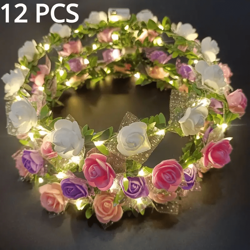 12pcs Led Crown Headbands With Effects - Multicolor Glowing Flowers & Leaves, Plastic Wedding,, Prom, Halloween Hair Suitable For Costume Crowns & Themed Events