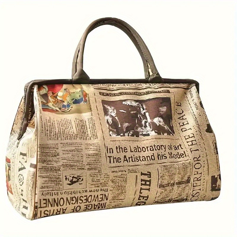 TEMU Vintage Newspaper Print Canvas Tote Bag - High Quality Retro Grid Pattern With Fixed Shoulder Strap, Zipper Closure & Lining, Spacious Bag For