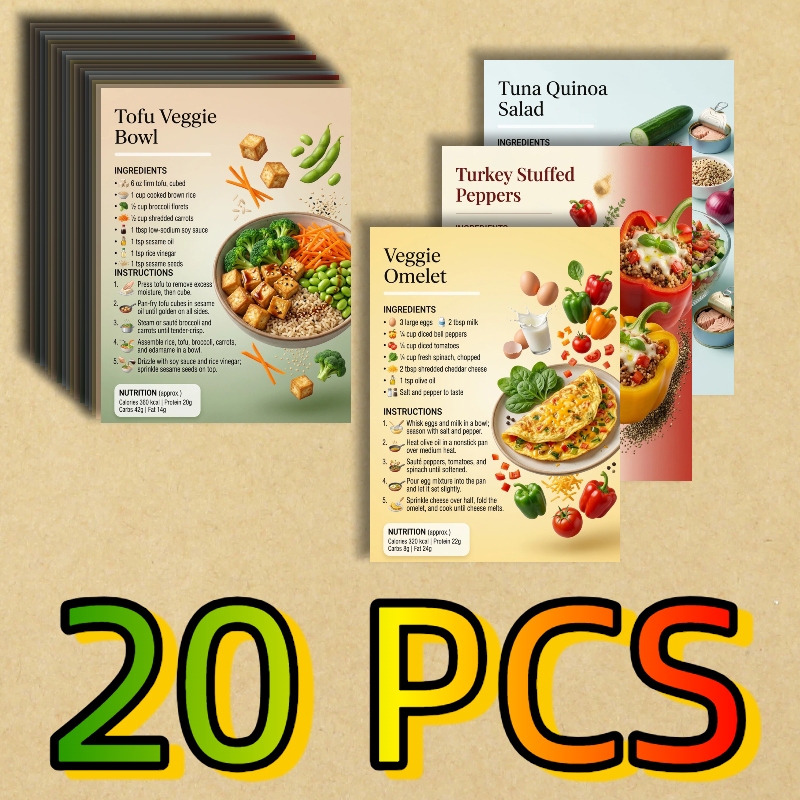 TEMU Cartes postales de recettes légères et saines (20 pièces) | Ingrédients faciles pour repas et étapes de cuisson, cartes postales nutritionnelles