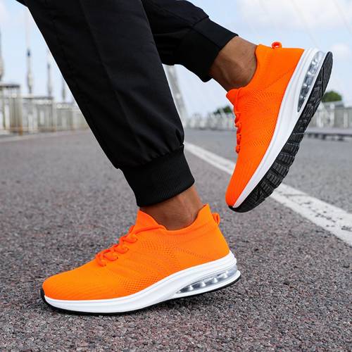 sneakers autumn mens athletic shoes knit upper breathable orange shoes soft sole shock absorbing outdoor sports casual running shoes