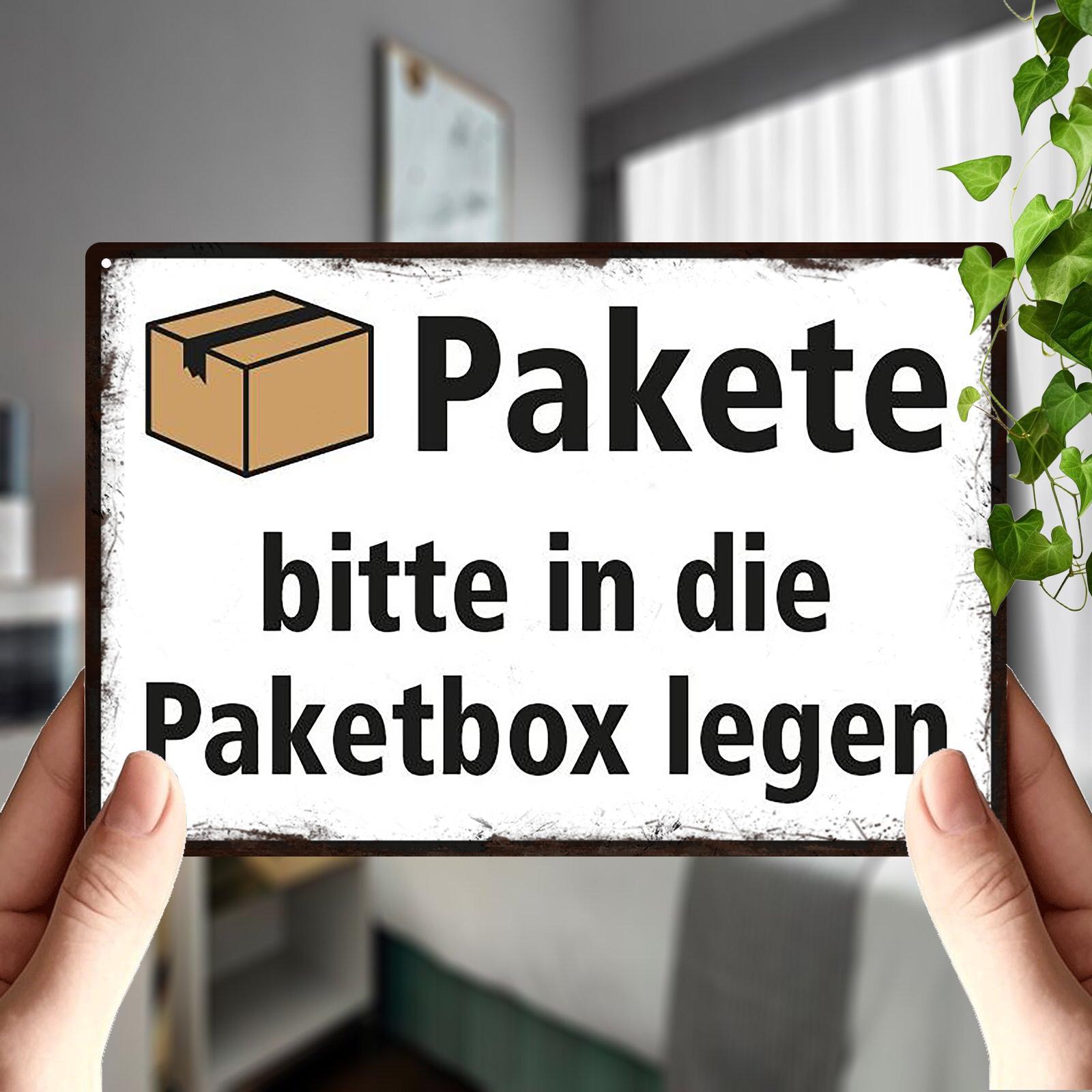 Image of 2d Flat - Aluminum 2d Flat German Sign Measuring 20x30cm/8x12in That 'please Packages In The Box' Along With A Package Graphic, Suitable For Wall Mounting In Homes, Offices, Bars