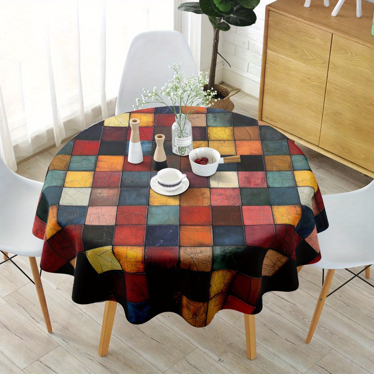 TEMU 1pc Round Tablecloth Suitable For Restaurants, Offices, Hotels - Modern Geometric Table Cover With Red, Black & Beige Design, Durable Machine-