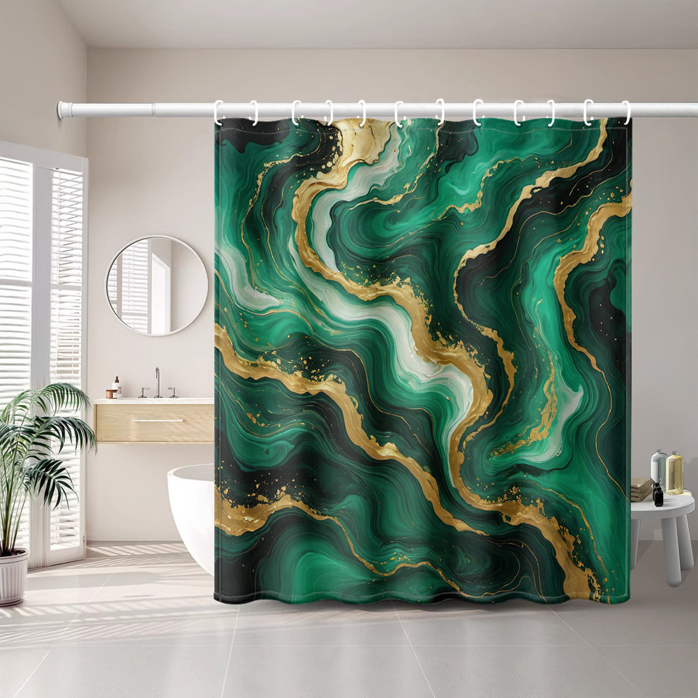TEMU 1pc Of Dark Green Gold-veined Printed Shower Curtain, Minimalist Artistic Style For Bathroom Home Decor With Plastic Hooks, Suitable For Family