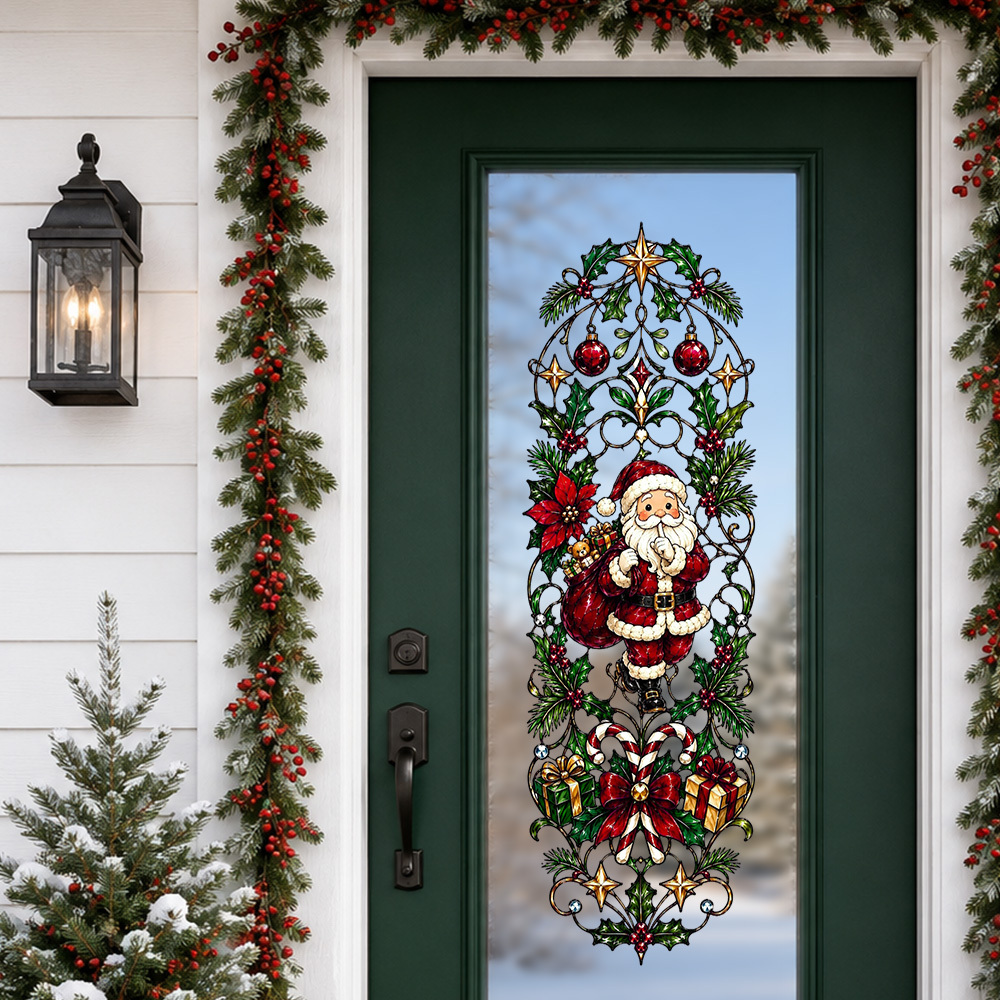 TEMU 1pc Christmas Large Size Painted Glass Santa Claus And Snowman Window Sticker, Double-sided Retro Vine Wrapping Santa Claus, Snowman , Tiffany