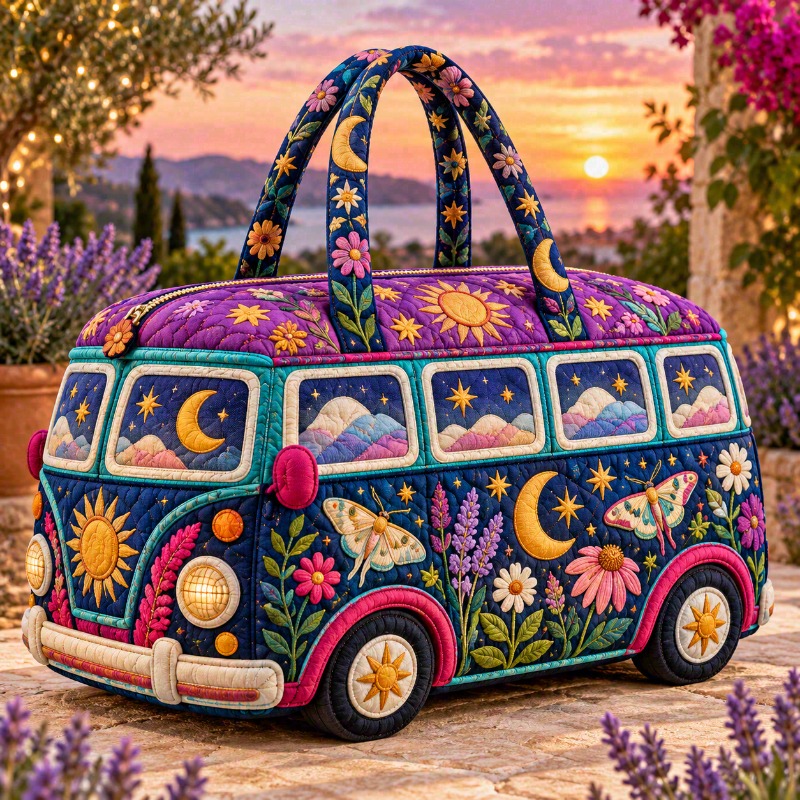 TEMU 1pc Women's Quilted Printed Duffle Bag, Van Travel Tote Bag, Floral Retro Road Trip Shoulder Handbag, Large Capacity Soft Padded Overnight Bag