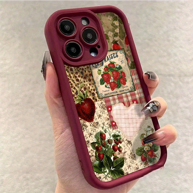 Vintage Strawberry Pattern Phone Case for iPhone 16 Pro Max, 16 Pro, 11 Pro Max, 15, 14 Plus, 13, 12, 16 XS Max, 15 Pro, XR, 15 Pro Max, 14, 13 Pro, 12 Pro Max Featuring TPU Drop Protection Soft Cover