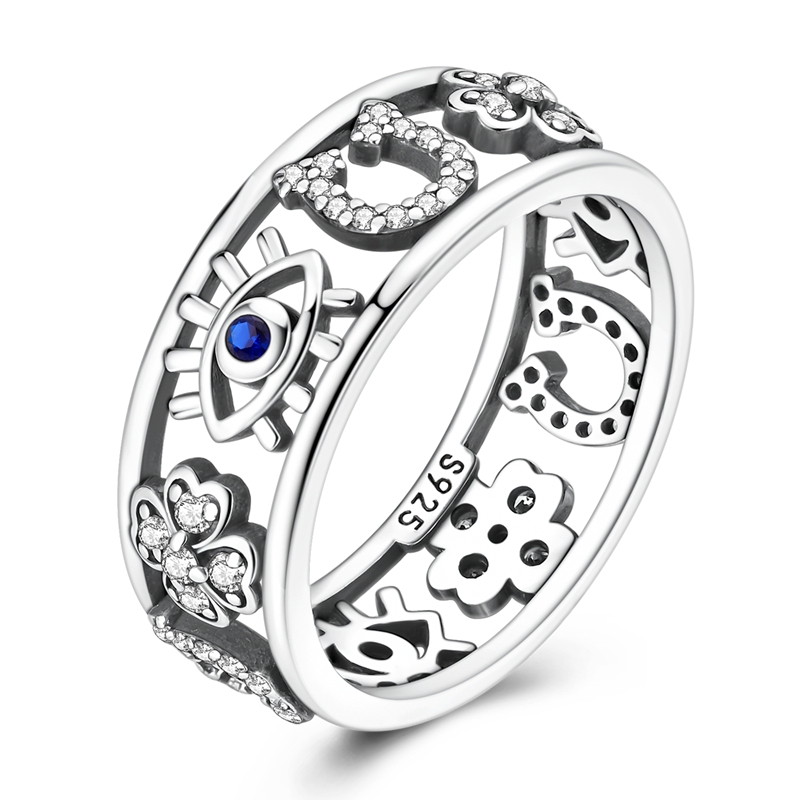 TEMU 1pc 925 Silver Temperament Clover Horseshoe Eye Ring, Daily Exquisite Pave Jewelry, Suitable For Women's Wedding Banquet Party Wear Classic