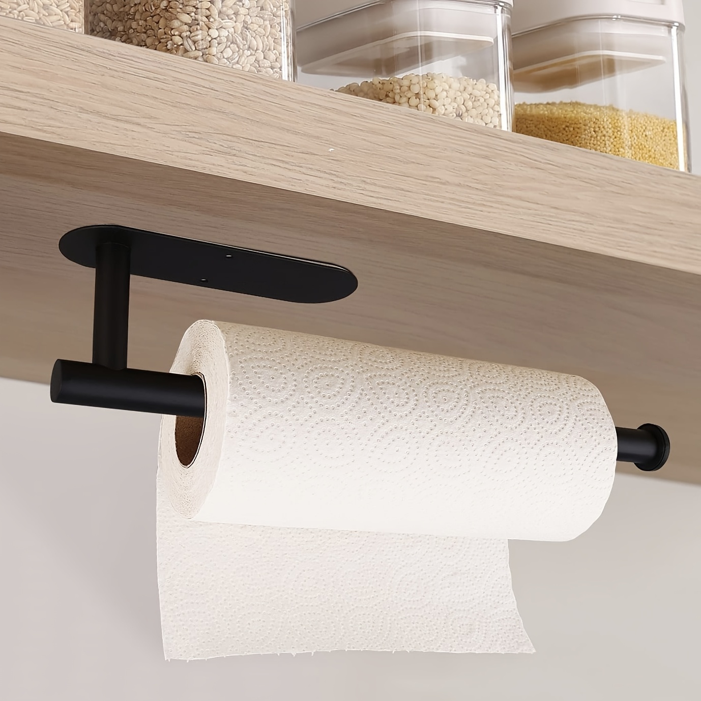 1pc black self   under cabinet paper towel holder no drill wall mounted towel rack for kitchen bathroom rv holds rolls plastic wraps and towels towel holder for bathroom bathroom accessory sleek style durable material