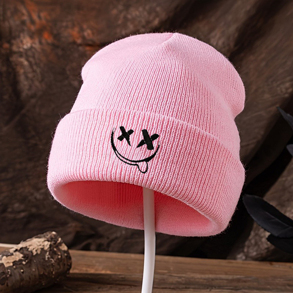 TEMU 1pc Knitted Beanie With Cuff, Cold Weather Hat, Face, Cross, White, Black, Fashionable And Versatile For Autumn/winter, 100% Acrylic, Hand