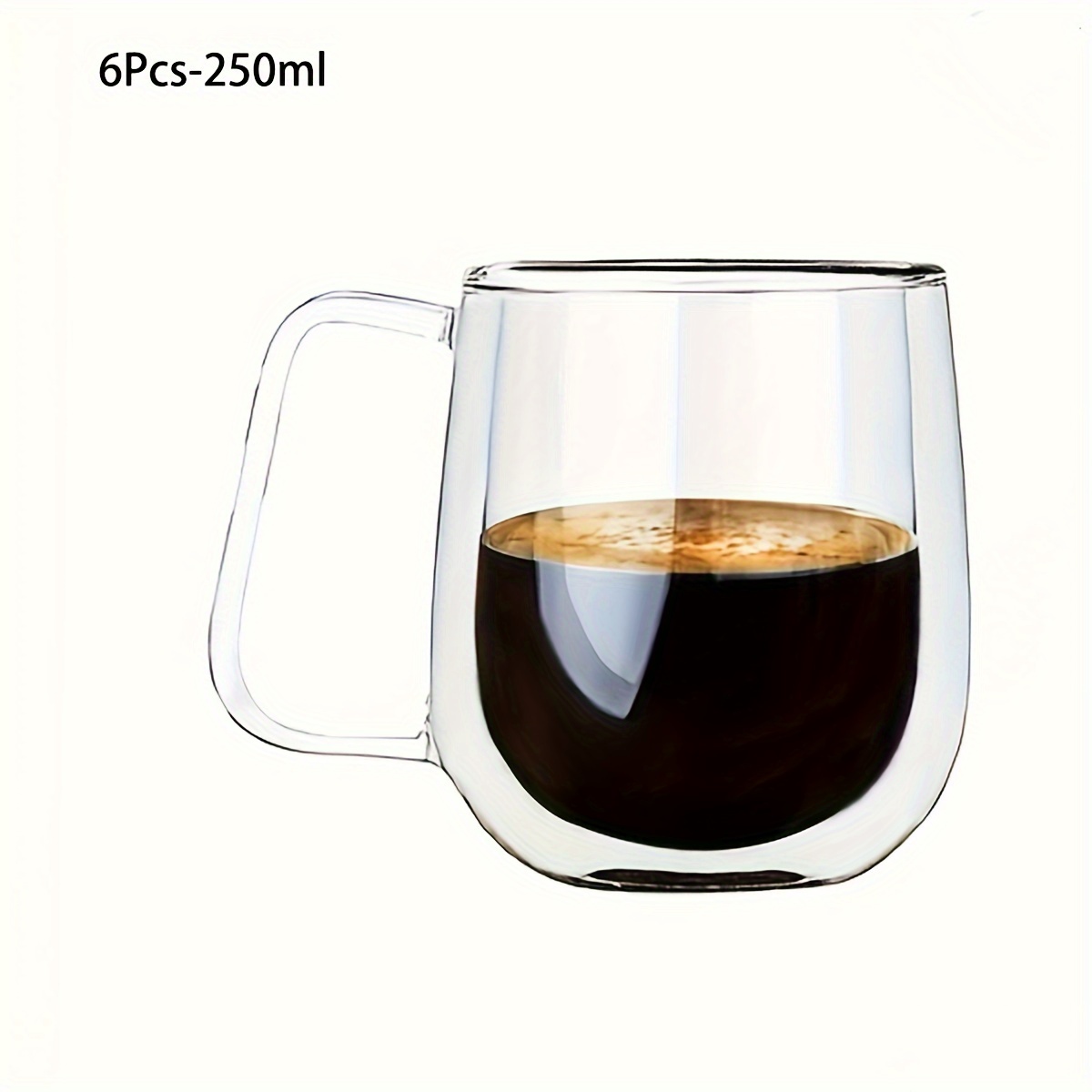 E-shop Set aus 6 - 250 ml - 350 ml - Doppelwandige Glas-Kaffeetassen - Transparente Hitzebeständige Espressotassen - Mit Griffen - Klar - Geeignet für